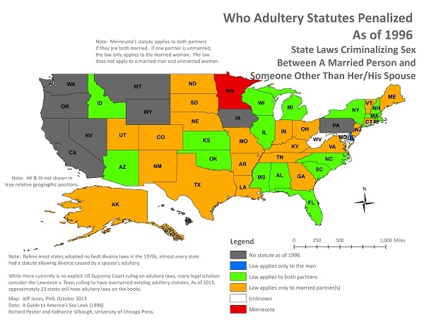 這張地圖顯示美國對通姦罪仍有刑罰的州 引自 英文維基 通姦罪