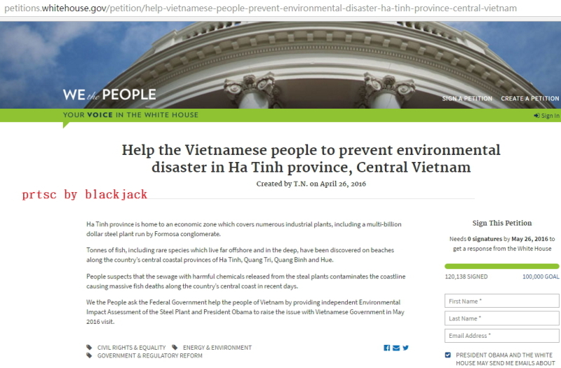 越南網友到白宮網站連署反對台塑 翻攝白宮網站